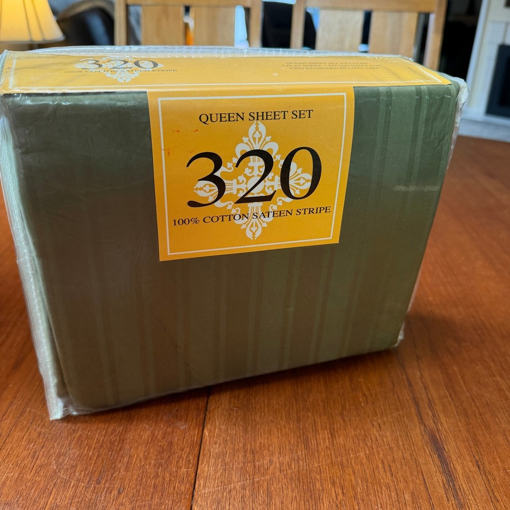 Deluxe Queen Sheet Set 320TC 100% Cotton Sateen Stripe Olive Green Deep Pocket